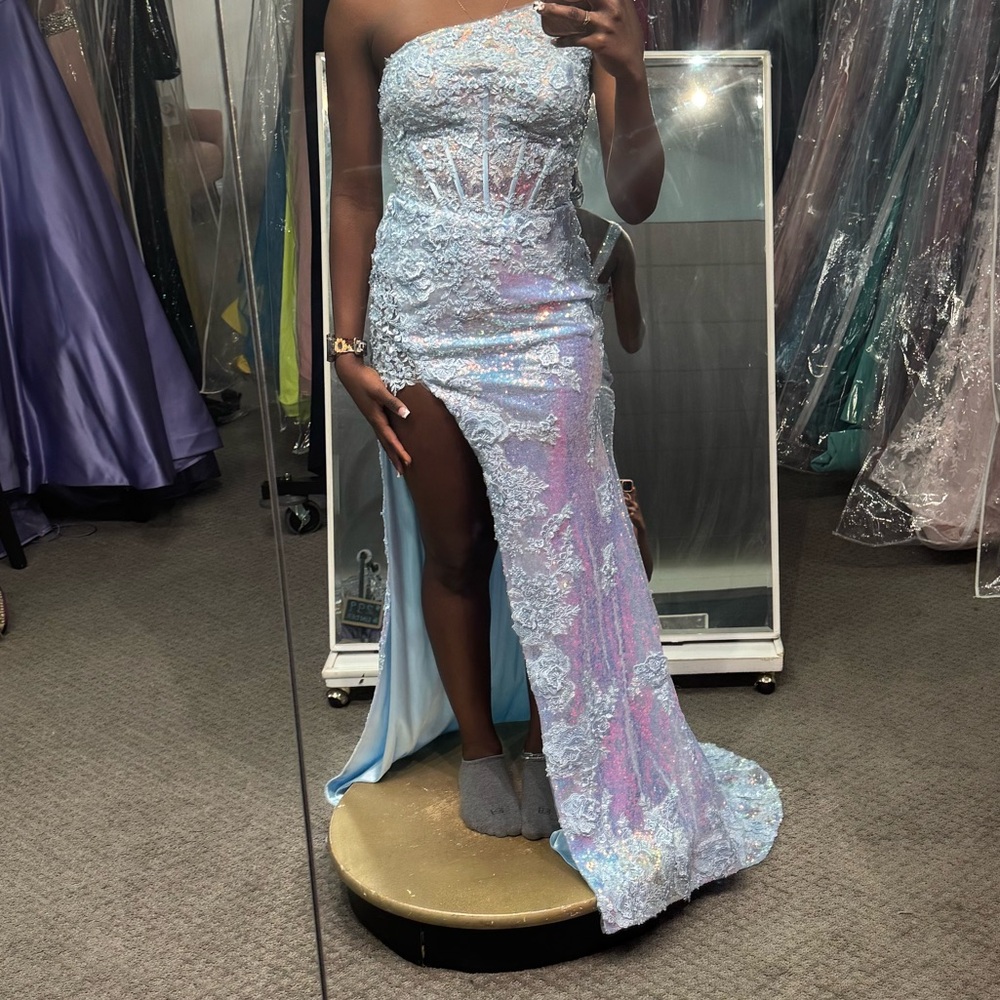 Elegant One-Shoulder Light Blue Gown